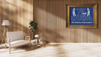 Virtual Background - wooden room with blue 75th Anniversary logo